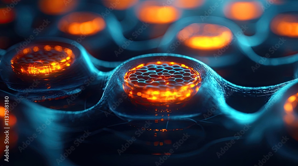 Poster cancer cells idea. futuristic representation of glowing honeycomb structures with vibrant colors.