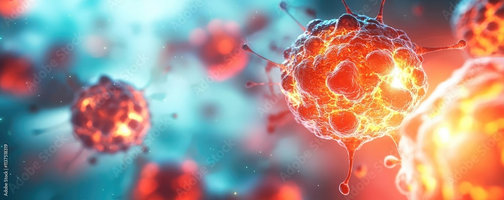 Poster cancer cells idea. close-up view of colorful microorganisms in a vibrant scientific environment.