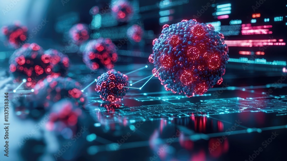 Poster Cancer cells idea. Abstract visualization of viral structures on a digital interface with glowing elements.