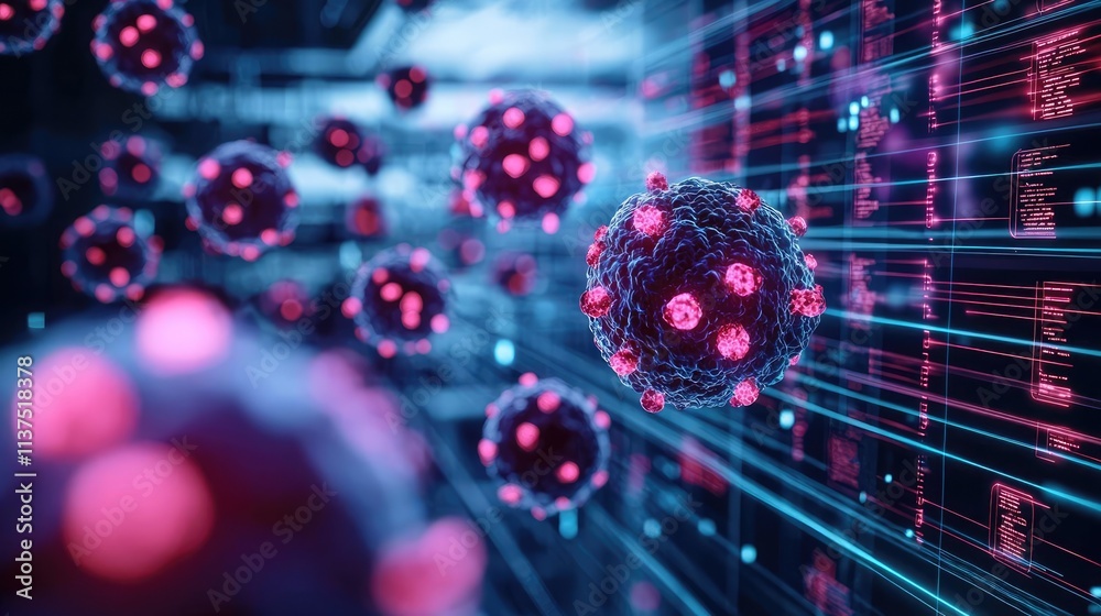 Poster cancer cells idea. abstract representation of viruses in a digital environment with vibrant colors.