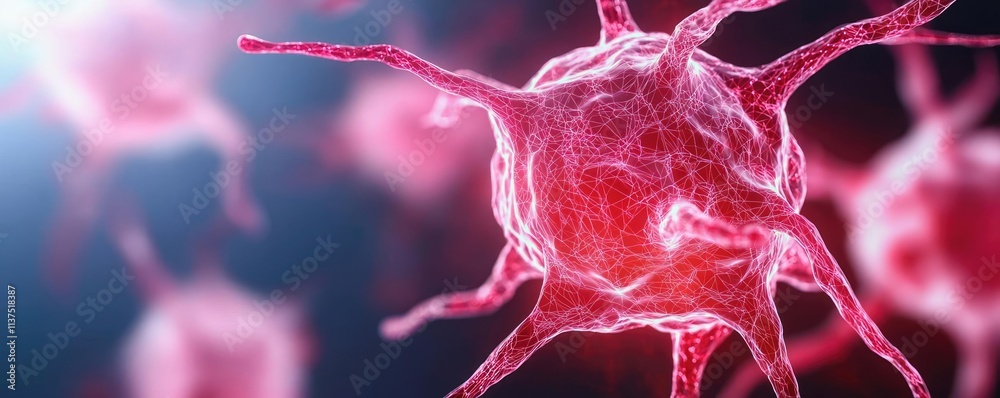 Poster cancer cells idea. close-up view of a red, glowing cell structure under microscopic examination.