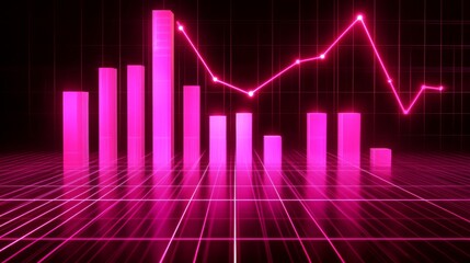 Fototapeta premium Pink Neon Graph with Bars and Line on Digital Background