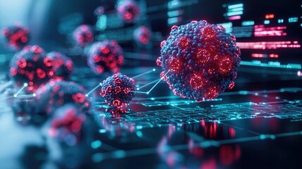 Cancer cells idea. Abstract visualization of viral structures on a digital interface with glowing elements.