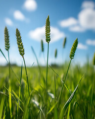 Obraz premium Serene Summer Meadow: Green Grass, Wheat Stalks Under Blue Sky