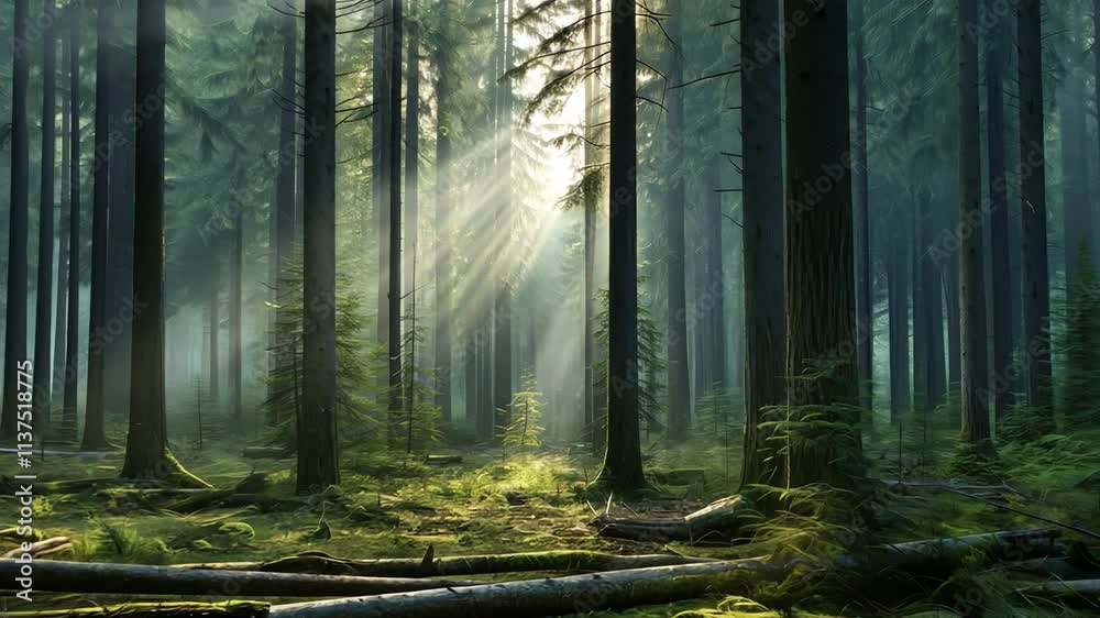 Poster sunbeams in the forest: mystical sun rays pierce through a dense, ancient forest, illuminating a pat