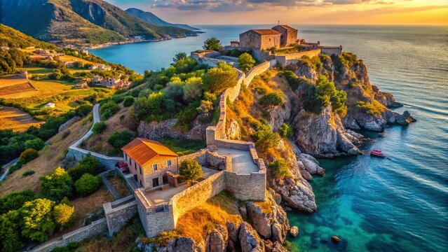 Himara Castle Aerial Macro Photography: Albanian Riviera, Coastal Fortress,  Ancient Ruins, Drone View, Balkan Architecture,  Stunning Scenery
