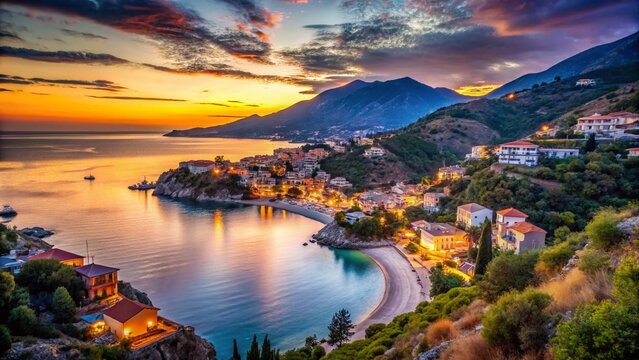 Himare Albania Twilight Landscape, Ionian Sea Resort, Low Light Bay Photography, Mountain Scenery