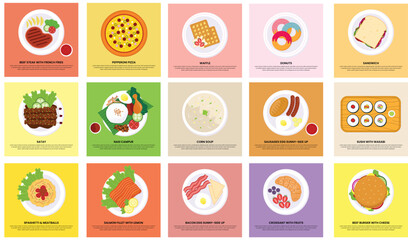 Top view food menu icon set, Bacon Egg Sunny- Side Up, Waffle, Sausages Sunny-Side Up, Sandwich, Nasi Campur, Croissant with Fruits, Donuts, Corn Soup, Beef Steak with Potato Wedges, Sushi with Wasabi