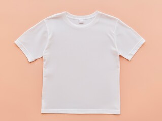 Fashion photo of a plain white t-shirt on smooth peach background product photography minimalist style studio lighting