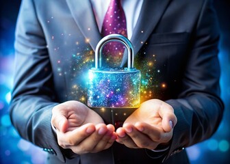 Holographic Padlock Security: Virtual Business Cybersecurity, Tilt-Shift Business Image, Digital Asset Protection