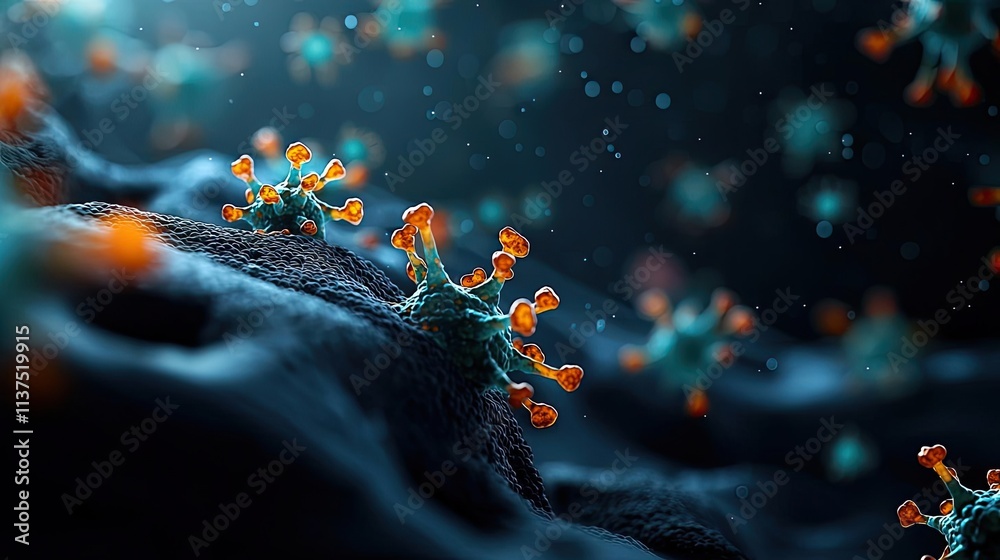 Poster cancer cells idea. close-up view of vibrant, microscopic virus structures in a dark environment.