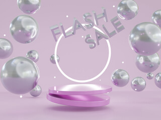 Pedestal podium 3D rendering illustration, ball flying on background, text Flash sale floating advertising banner promotion in Festivals and Celebrations, Promotional concepts and advertising designs.