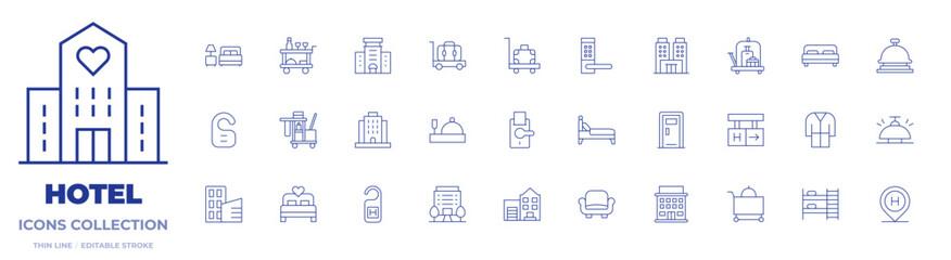 Hotel icons collection. Thin Line icons, editable stroke. accomodation, cleaning cart, door hanger, food trolley, hotel, luggage cart, resort, room service, baggage, doorknob