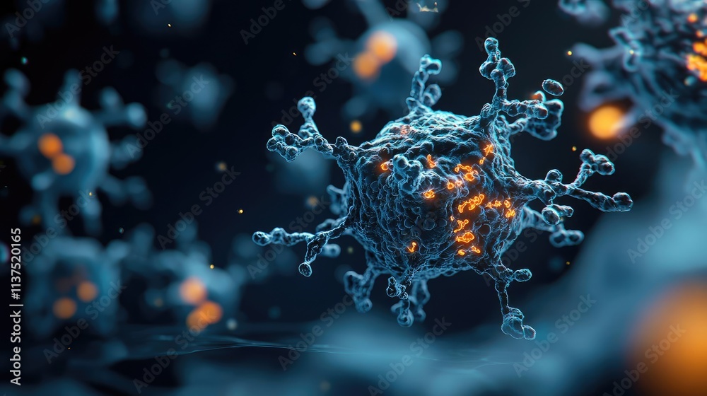 Poster Cancer cells idea. Close-up view of a virus structure with intricate details in dark background.