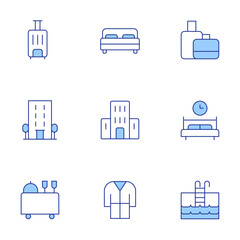 Hotel icons set. Line Duotone style, editable stroke. hotel, room service, sleep, swimming pool, suitcase, bathrobe, double bed