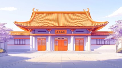 Naklejka premium Orange roofed temple with trees.