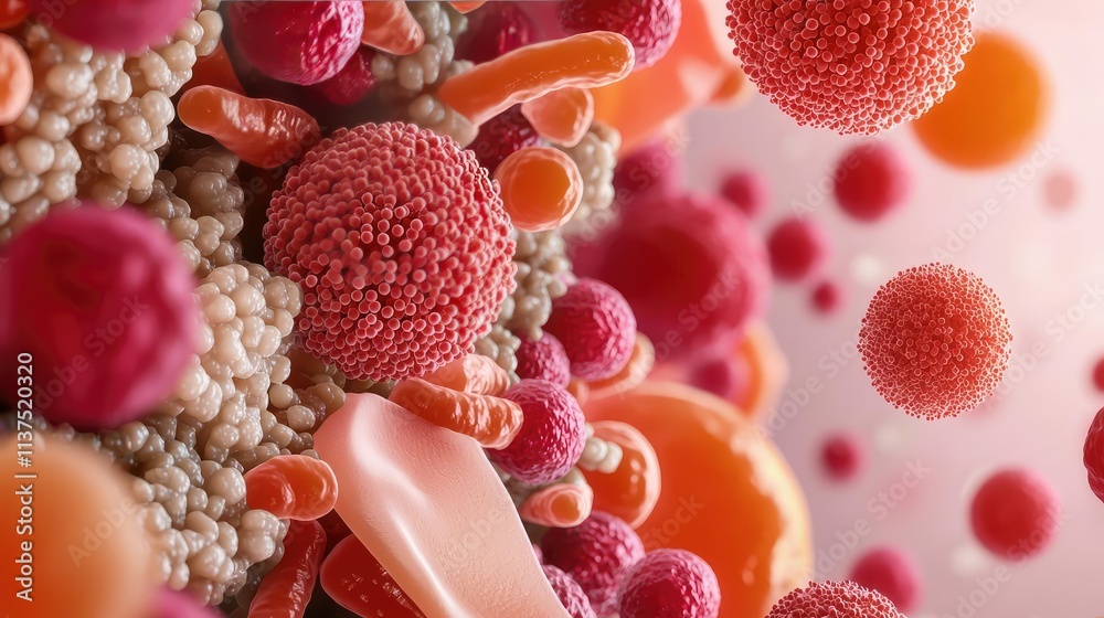 Poster cancer cells idea. microscopic view of colorful bacteria and microorganisms in a detailed environmen