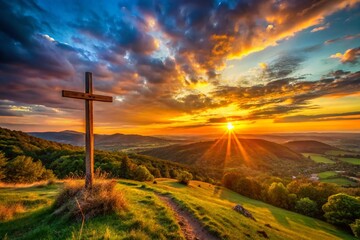 Obraz premium Hopeful Sunset Cross Hilltop Landscape Photography - Golden Hour, Dramatic Sky, Peaceful Scene