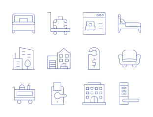 Hotel icons. Thin Line style, editable stroke. bed, booking, city, door hanger, food trolley, hotel, baggage, building, couch, doorknob, handle