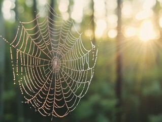 Morning Dew on Spider Web Trails Nature Scene Forest Close-up Captivating Beauty
