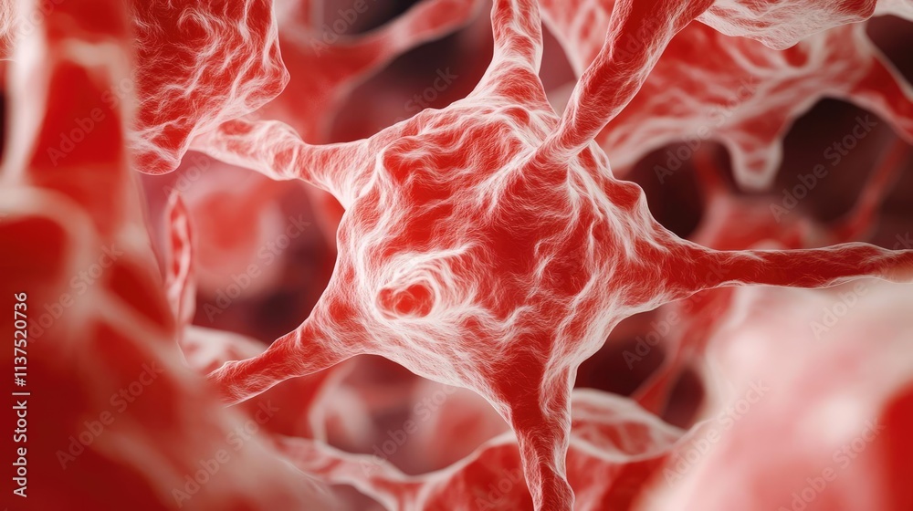 Poster Cancer cells idea. Close-up view of interconnected red neurons, showcasing intricate biological structure.