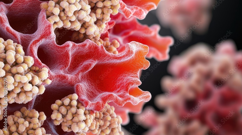 Poster cancer cells idea. detailed microscopic view of a vibrant coral structure showcasing its unique text