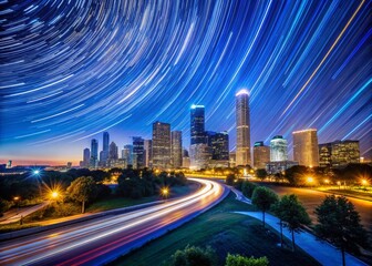 Houston Night Sky Long Exposure Photography, Dark Blue Cityscape, Starry Night, Texas Nightscape, Urban Astrophotography, Long Exposure City Lights