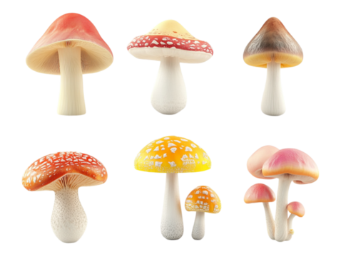 A set of mushrooms displayed on a transparent background, ideal for food graphics, culinary presentations, or agricultural visuals.
