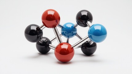 Obraz premium Molecular model with red, black, blue spheres linked by rods.