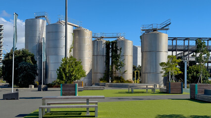 Auckland, New Zealand. Silo Park on the waterfront. Old cement tank farm that has been turned into a park.