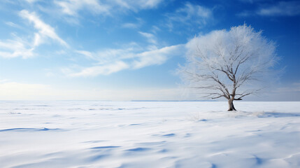 Fototapeta premium Snowy Winter Landscape with Blue Sky and White Clouds