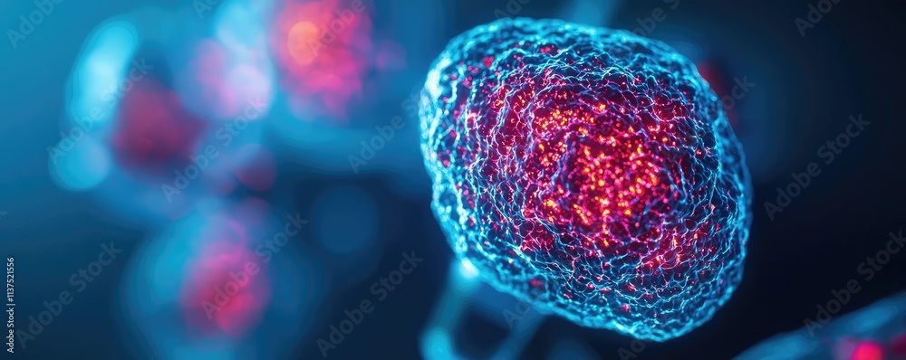 Poster cancer cells idea. microscopic view of cells with vibrant colors showcasing biological structures.