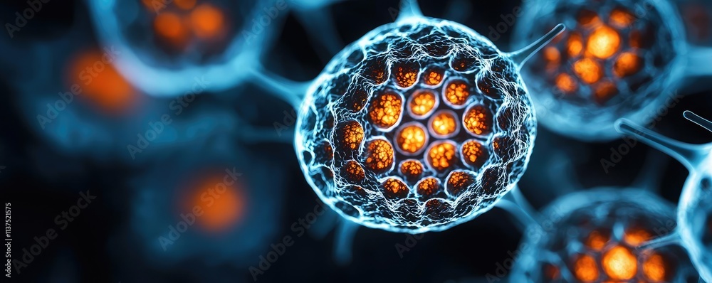 Poster cancer cells idea. highly detailed microscopic view of glowing cells with intricate structures and c