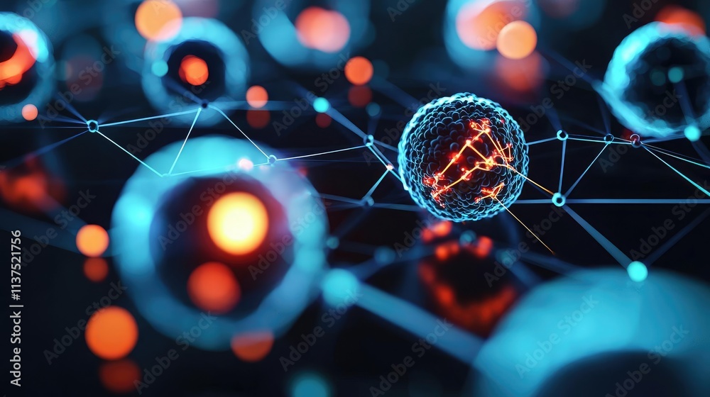 Poster Cancer cells idea. Abstract representation of interconnected cells and particles in a digital environment.