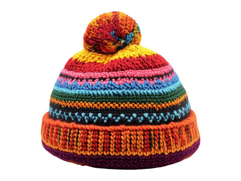 Colorful Peruvian Knitted Chullo Hat Isolated on White Background
