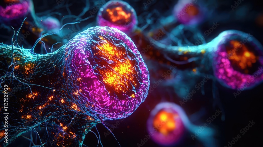 Poster cancer cells idea. colorful microscopic view of cells showcasing biological processes and structures