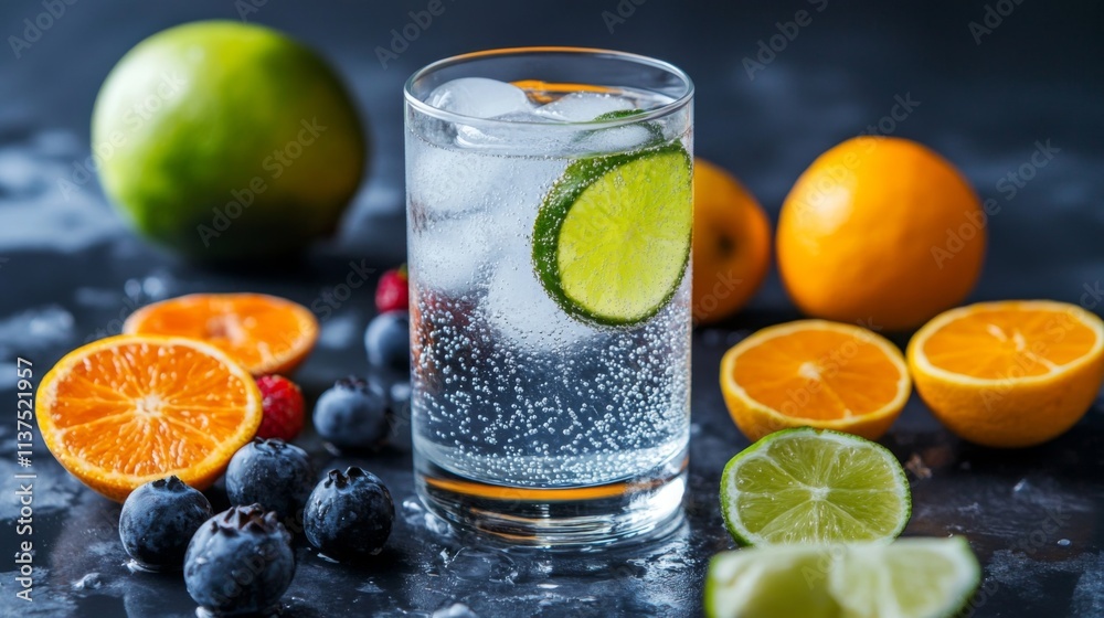 Poster Refreshing Citrus Drink with Bubbles and Fresh Fruits in Background