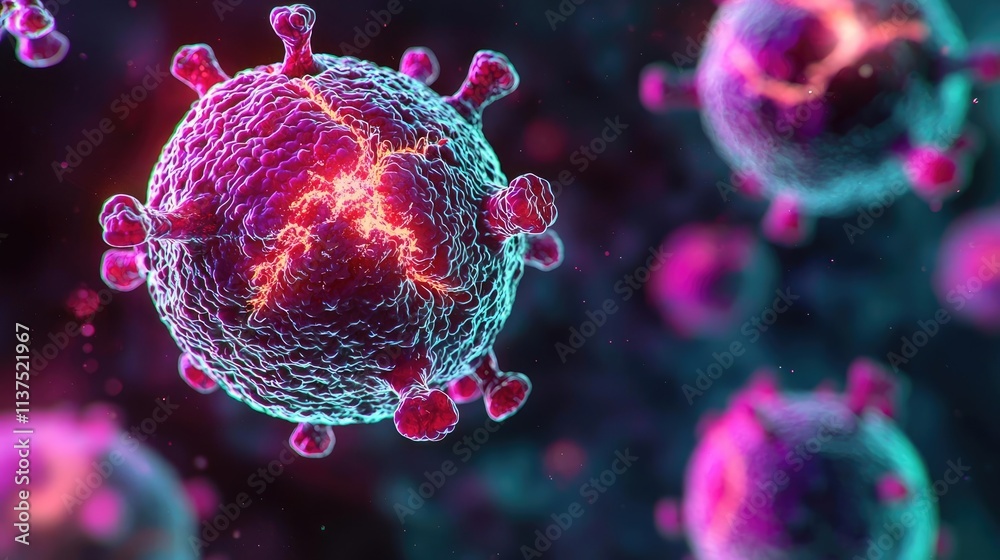 Poster cancer cells idea. detailed view of a virus cell, showcasing vibrant colors and intricate structures