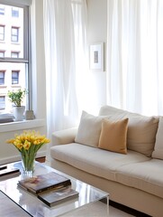 Obraz premium A small apartment living area with a beige sofa, a thin-legged coffee table, and sheer white curtains for natural light.