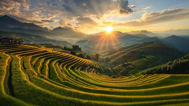 Golden Hour Rice Terraces: Majestic sunset paints the vibrant green rice terraces of Mu Cang Chai, Vietnam, with warm, golden light. Layers of emerald fields cascade down the mountainside.