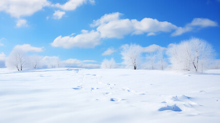 Fototapeta premium Snowy Winter Landscape with Blue Sky and White Clouds