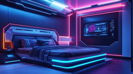 Obraz premium Futuristic bedroom with neon lighting and tech features