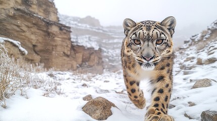 Fototapeta premium Snow leopard prowling in snowy mountainous landscape
