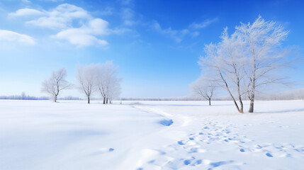 Fototapeta premium Snowy Winter Landscape with Blue Sky and White Clouds
