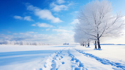 Snowy Winter Landscape with Blue Sky and White Clouds