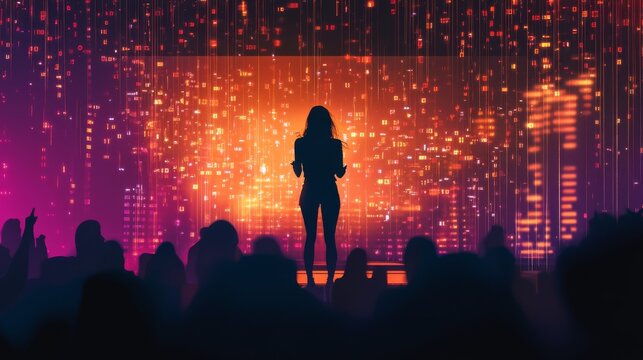A silhouette of a woman stands on a vibrant digital stage, illuminated by bright orange and purple light effects. The audience's shadowed figures create a captivating atmosphere, perfect for