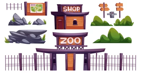 Fototapete Rund Zoo construction elements set - entrance building with turnstiles, souvenir shop structure, navigation map board, directional wooden signs, metal fencing, stone decorations and bush landscaping pieces © klyaksun