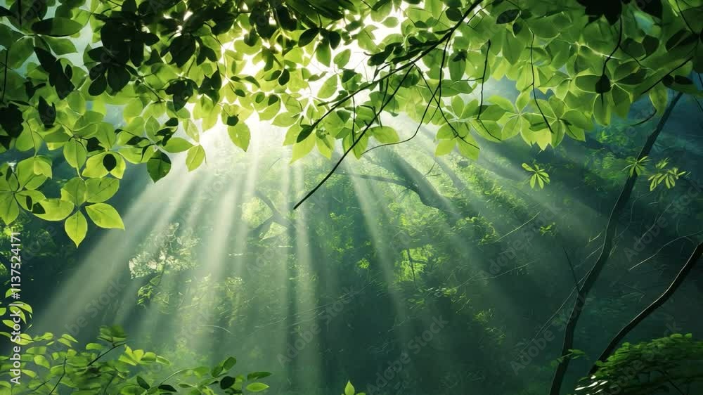 Poster Sunbeams Through Canopy:  Nature's radiant light filters through a dense canopy of lush green leaves, creating a breathtaking display of sunlight and shadow in a serene forest scene.