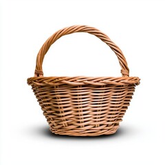 Obraz premium A photostock of a small wicker basket with a handle, isolated on a white background, rustic and versatile, High Quality