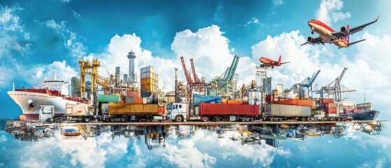 Dynamic cargo transport collage showcasing trucks, trains, ships, and planes against a vibrant blue background